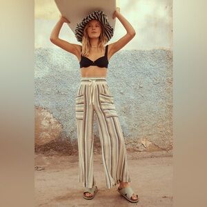 Free People Jones Beach High Rise Wide Leg Flare Linen Pants Vacation Resortwear